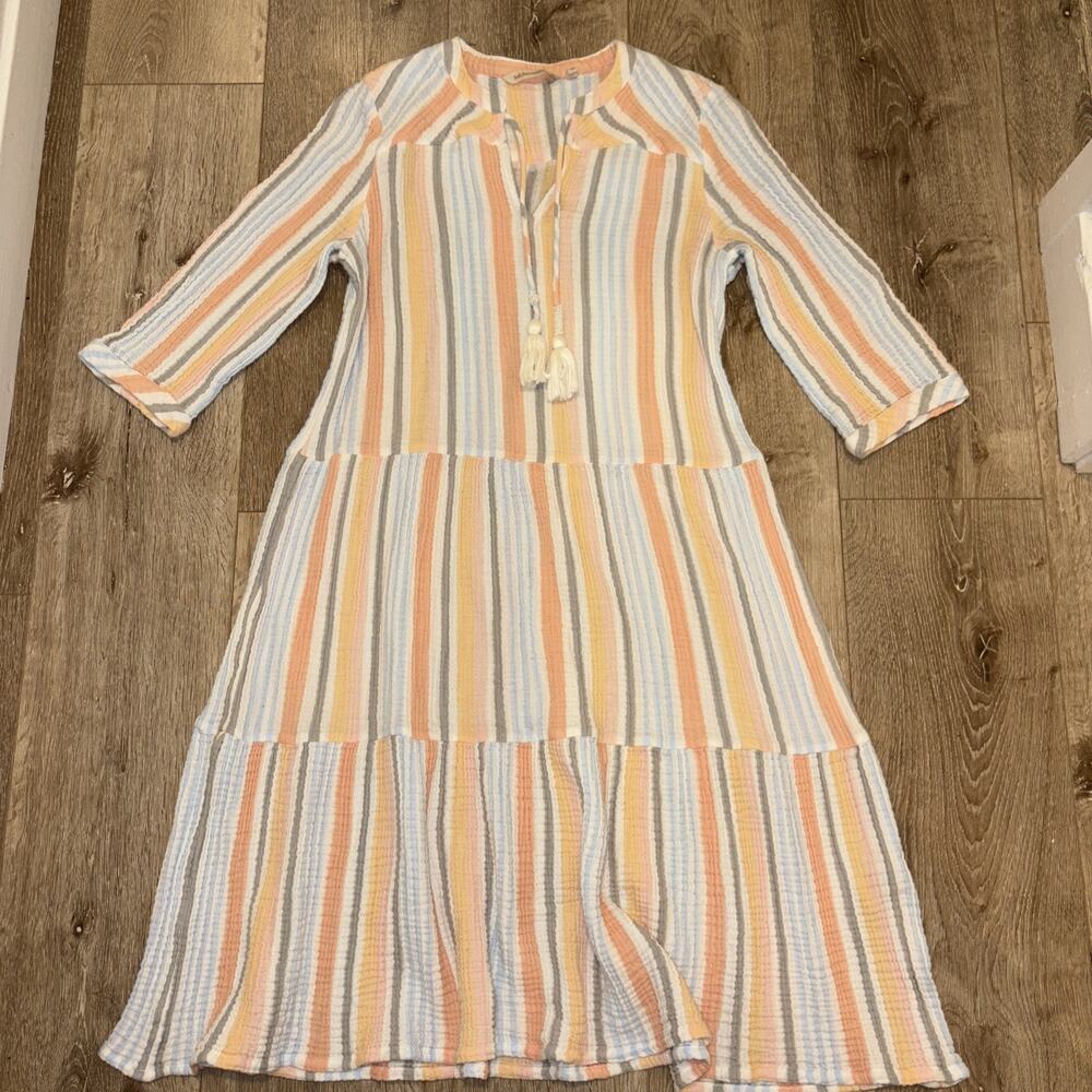Soft Surroundings Laguna Gauze Dress Sz M Peach Grey Striped Maxi Tiered Tie